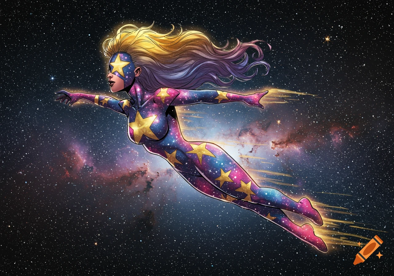Comic art of a female superhero in a galaxy-patterned, star-studded costume and mask, with long blonde hair, flying through starry space.