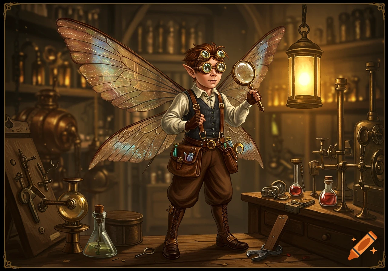 A small male fairy artificer in steampunk attire, wearing goggles and holding a magnifying glass, stands in a cluttered workshop with glowing equipment.