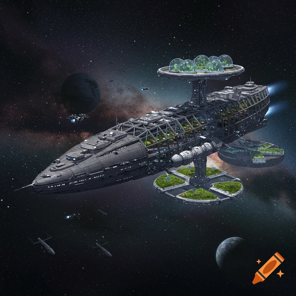 Detailed futuristic spaceship with green biodomes and cultivated sections, flying through star-filled space with planets.