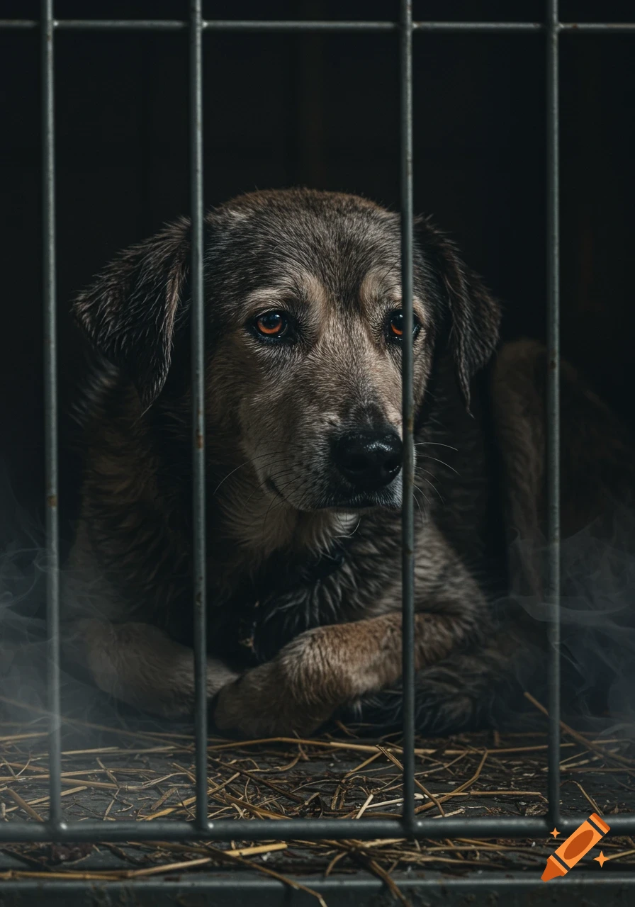 A sad dog with amber eyes lies in a dark metal cage on straw, in a realistic, somber style.