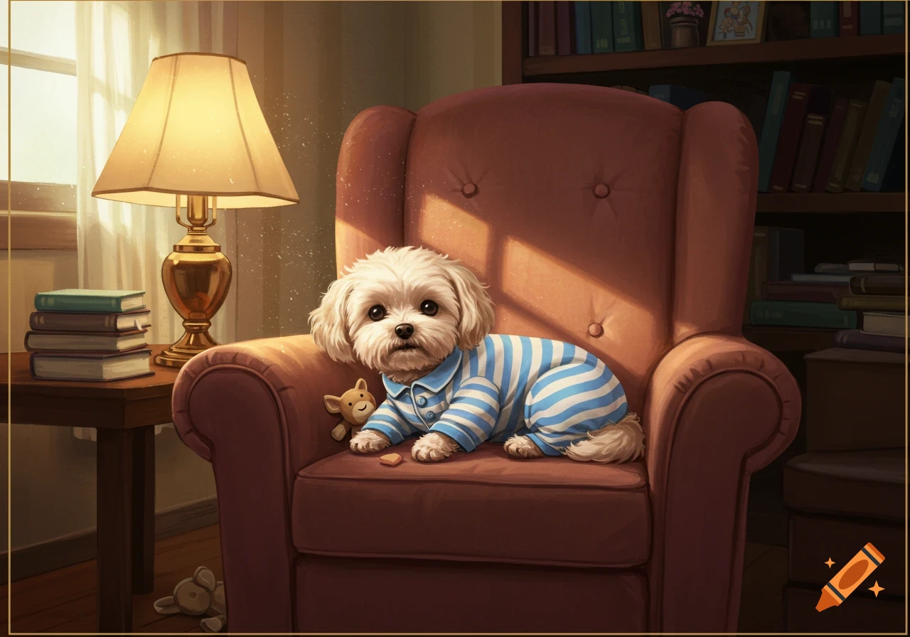 A cute fluffy white dog in blue and white striped pajamas sits in a cozy brown armchair, illuminated by sunlight from a window.