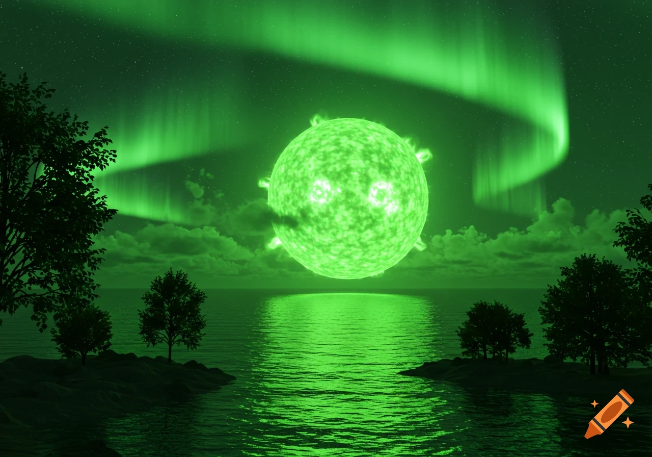 A vibrant green celestial body glows above a reflective green ocean under a sky with bright green aurora and silhouetted trees.