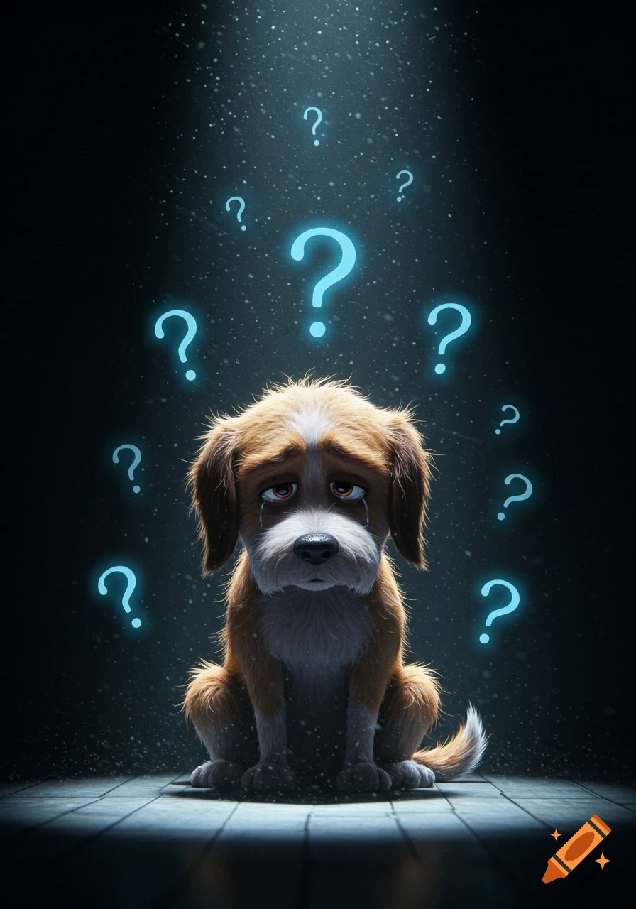 Sad, disheveled dog crying under a spotlight with floating blue question marks, in a Pixar-style illustration.