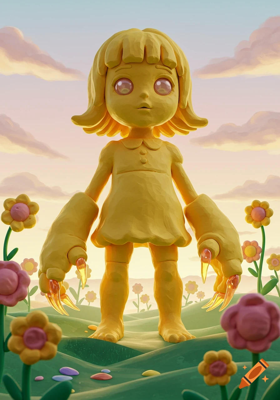 A massive, yellow, playdough-like girl with large claws for hands stands in a field of colorful flowers under a pastel sky.