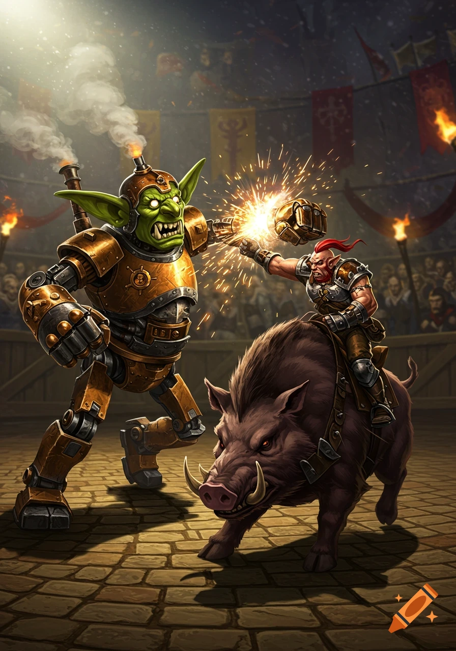 A green goblin in a bronze steampunk robot suit punches an orc-like rider on a brown boar in a gladiatorial arena.
