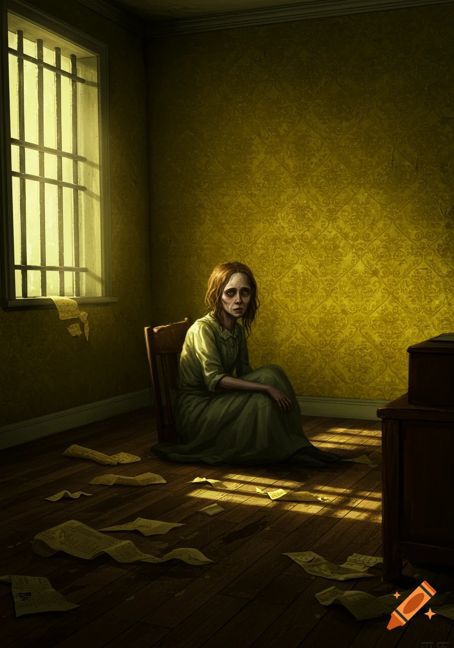 A distressed woman in an old-fashioned green dress sits in a dimly lit, yellow-patterned room with barred windows and scattered papers.