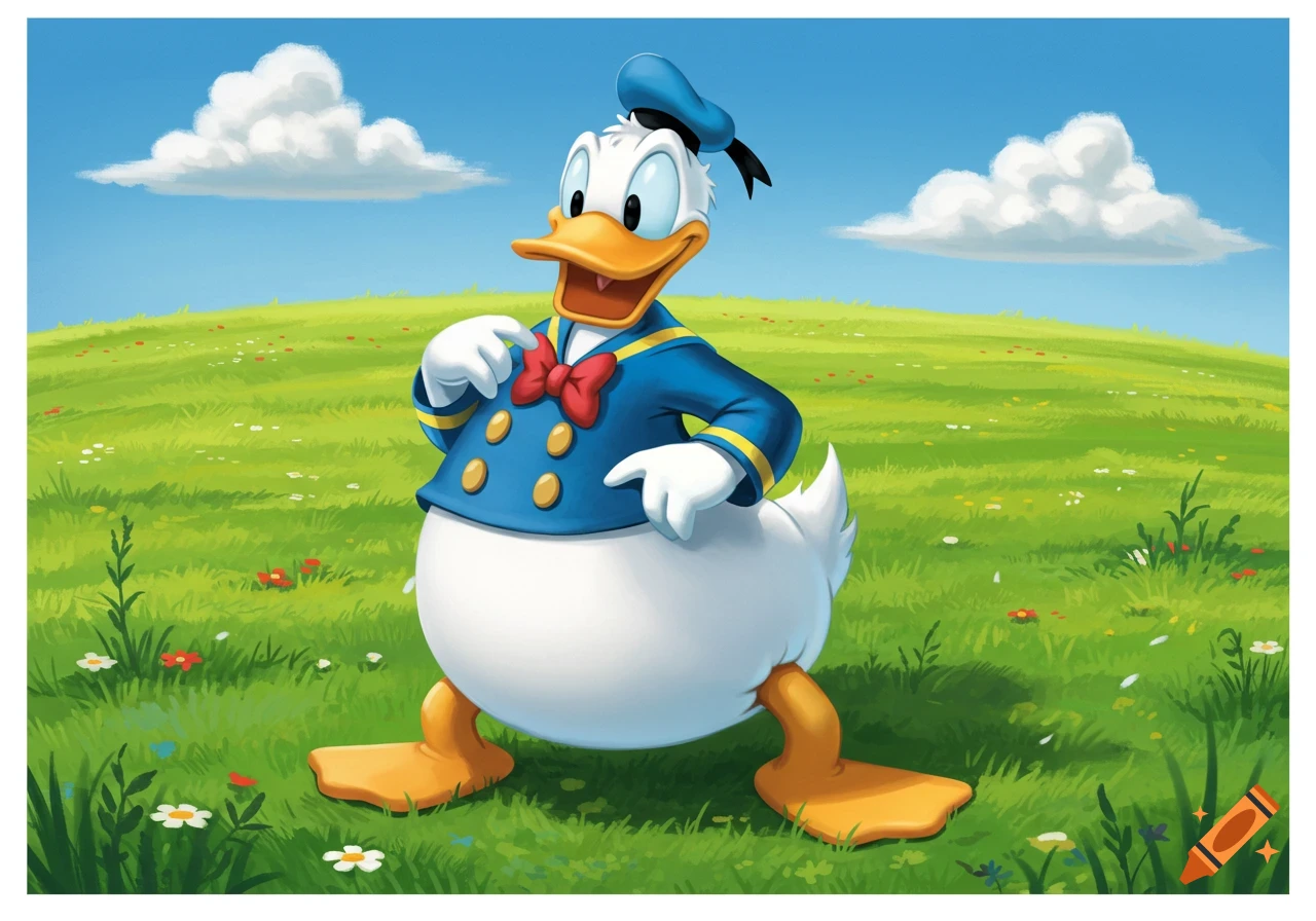 Plump Donald Duck in his sailor suit stands in a vibrant green field under a blue sky with white clouds.