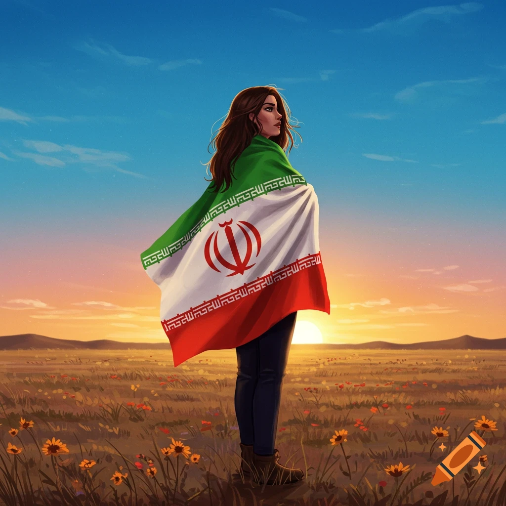 A woman draped in the Iranian flag stands in a field of flowers at sunset, looking over her shoulder.