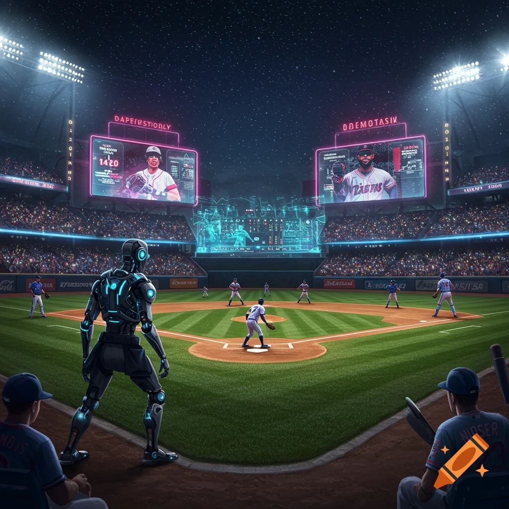 Futuristic baseball stadium at night with a robot umpire, neon scoreboards, and holographic displays.