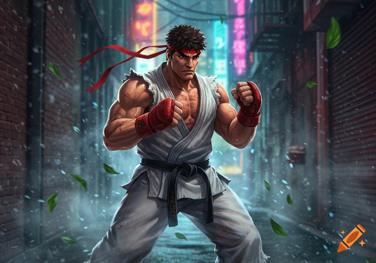 Ryu from Street Fighter in a fighting stance, wearing white gi and red gloves, in a neon-lit urban alley.