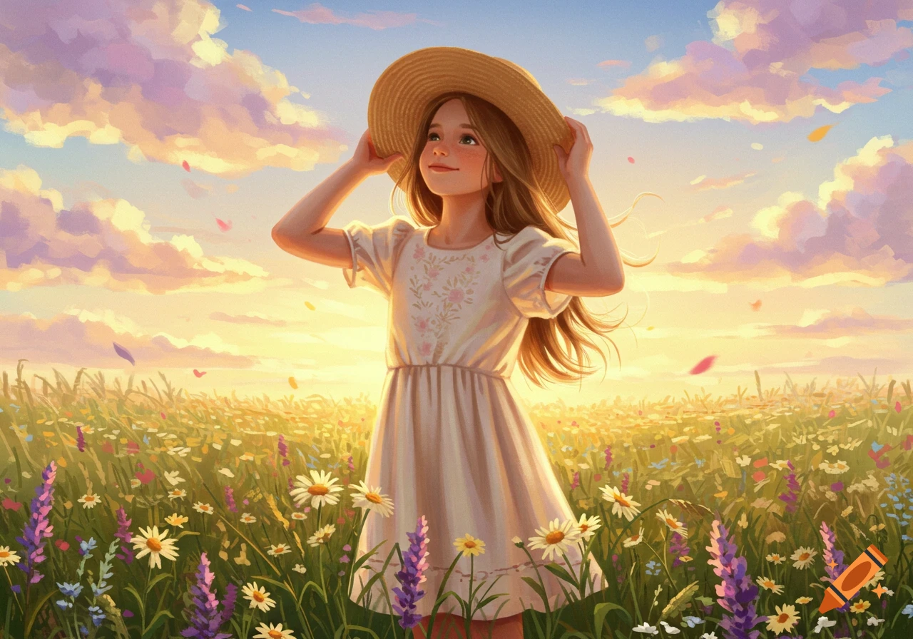 A young girl in a white dress puts on a straw hat, smiling softly in a dreamy wildflower field at sunset, digital illustration.