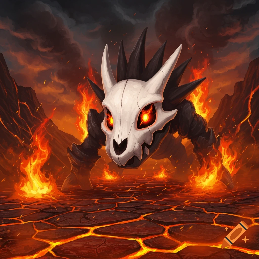 A stylized illustration of a skull-faced creature with glowing red eyes and spikes, standing in a fiery, lava-filled volcanic landscape.