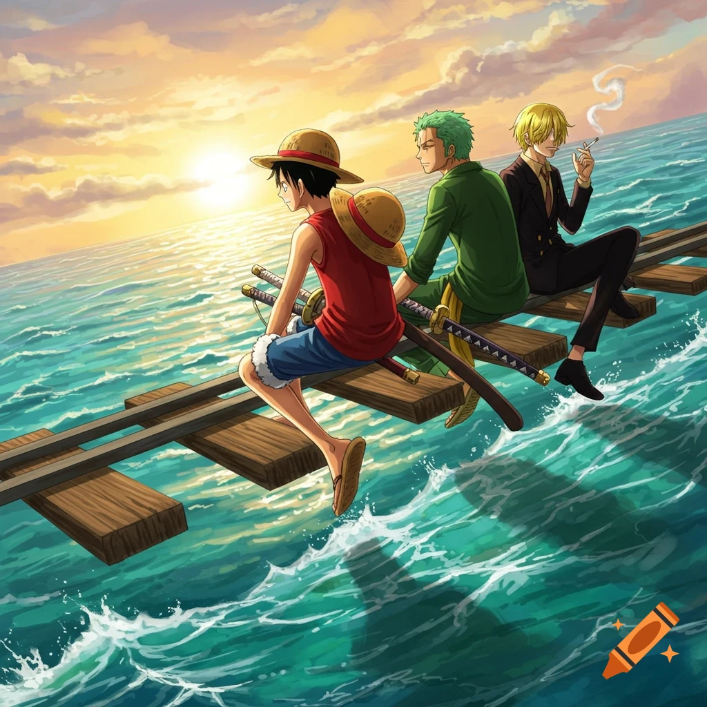 Luffy, Zoro, and Sanji from One Piece sit on a wooden structure over the ocean at sunset, looking out at the horizon. Sanji smokes a cigarette.