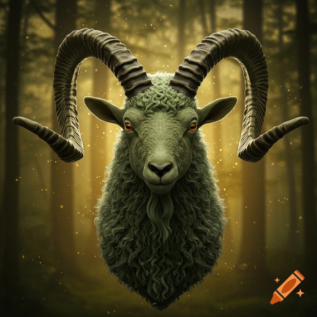 A mystical green goat bust with large, symmetrical horns stares forward in a blurry forest with golden particles.