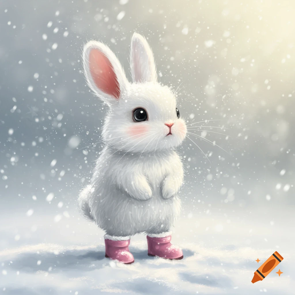 A fluffy white bunny wearing pink boots stands in falling snow.