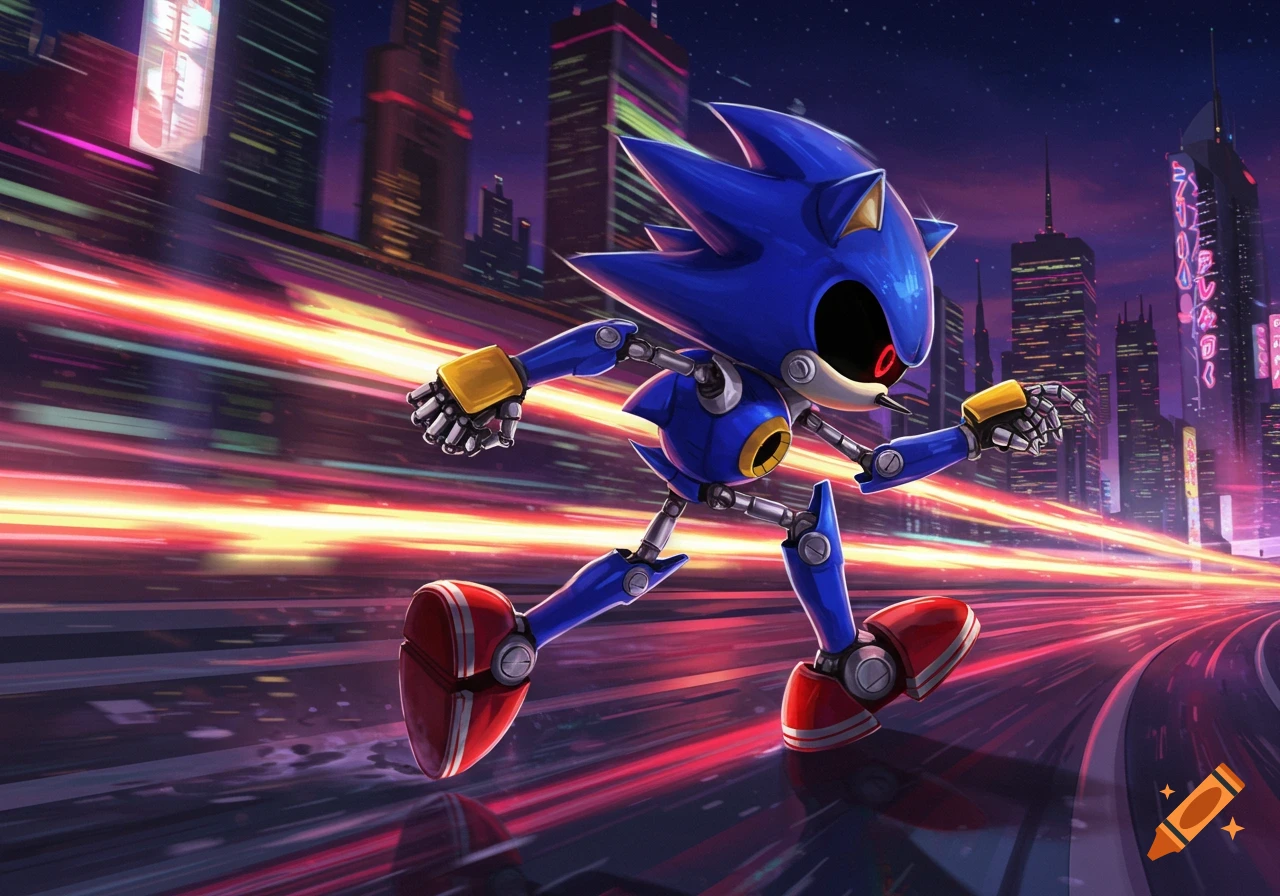 Metal Sonic races at high speed through a neon-lit futuristic city at night, with motion blur effects.