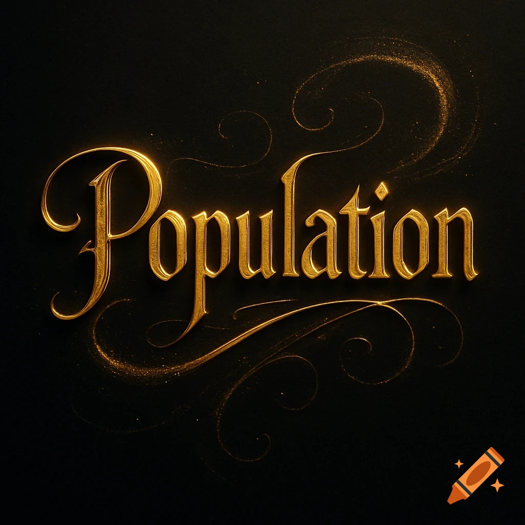 The word 'Population' rendered in ornate, shimmering gold calligraphy with subtle glitter effects on a dark, textured background.