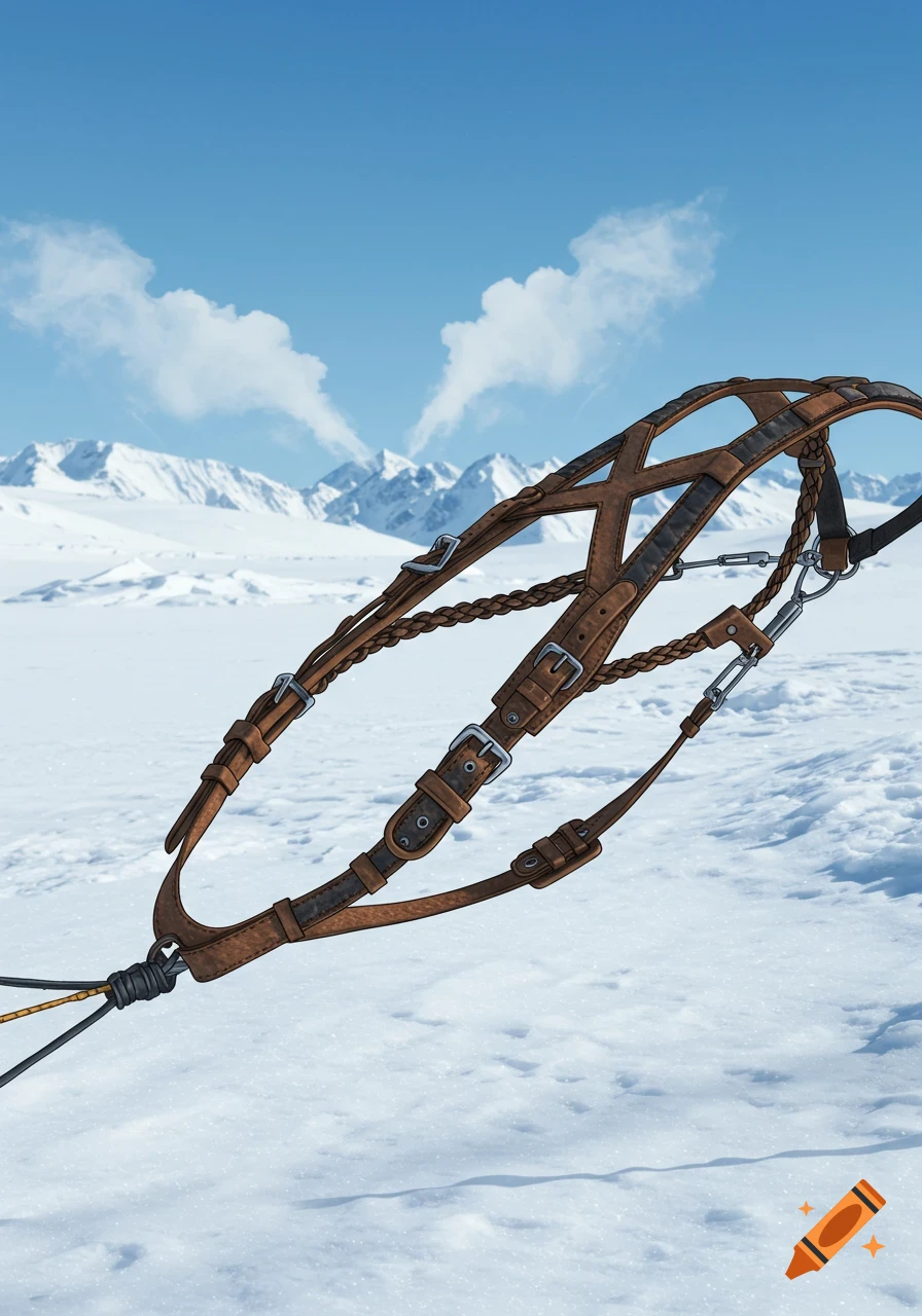 A detailed leather dog sledding harness set against a bright snowy mountain landscape under a clear blue sky.