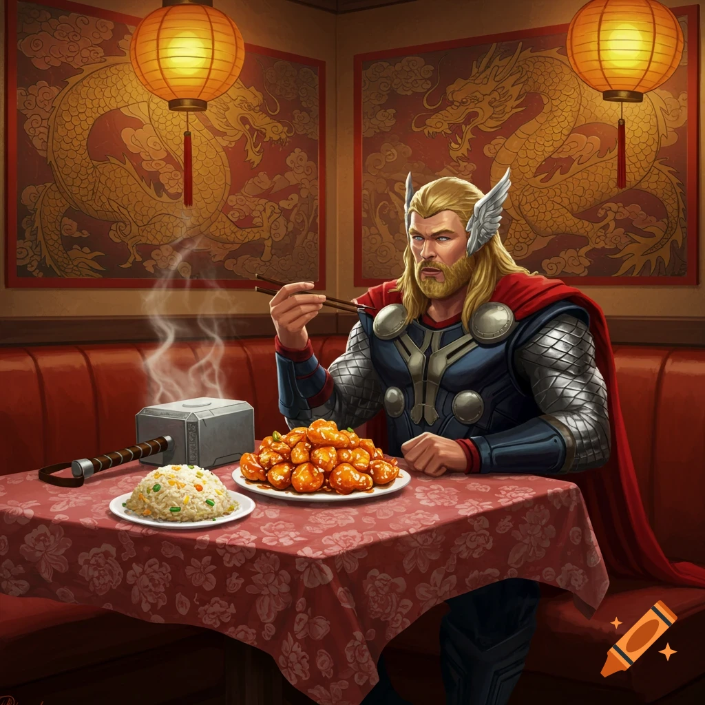Thor, the Norse God of Thunder, eats orange chicken and fried rice with chopsticks at a Chinese restaurant, Mjolnir resting on the table.