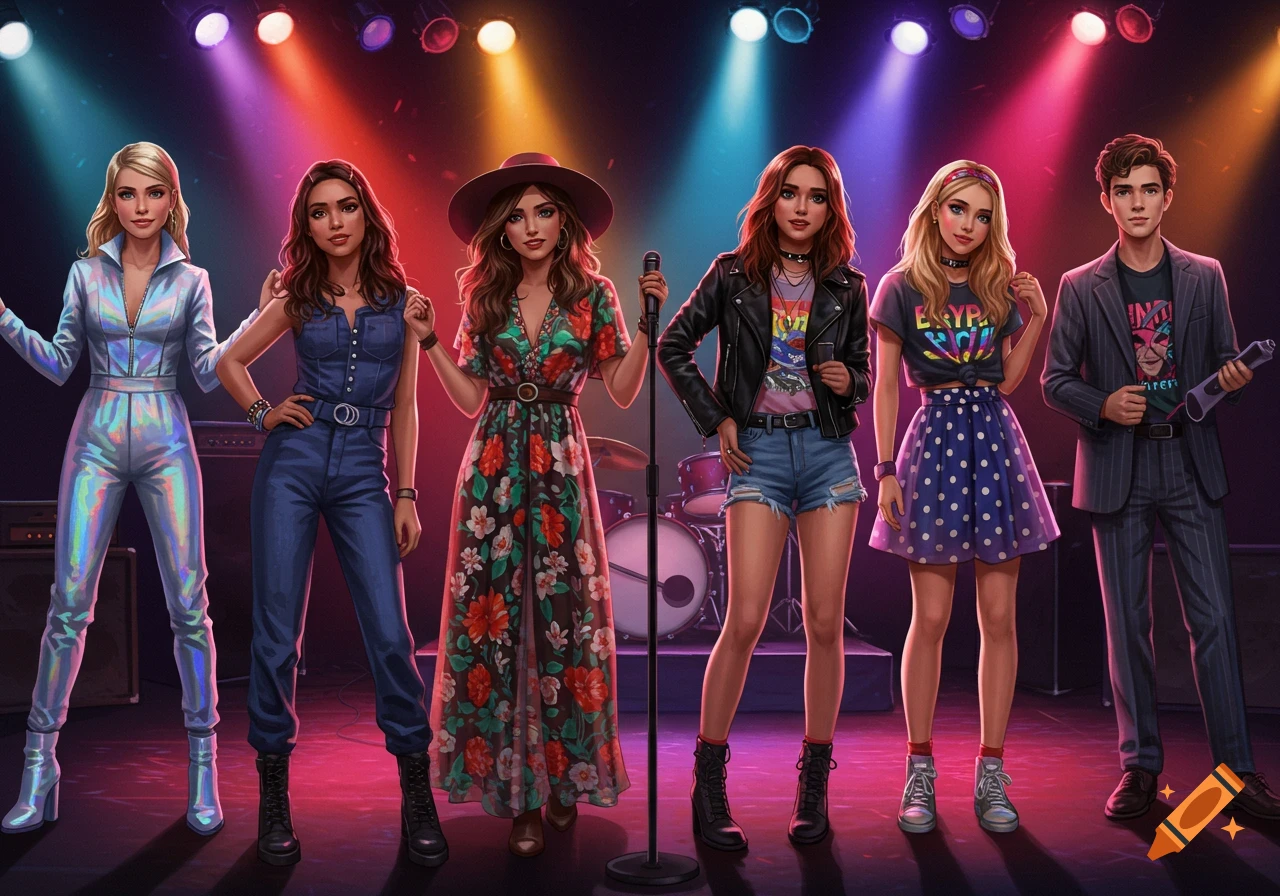 A stylized illustration of a diverse band with five girls and one boy in unique, colorful outfits standing on a stage with spotlights.