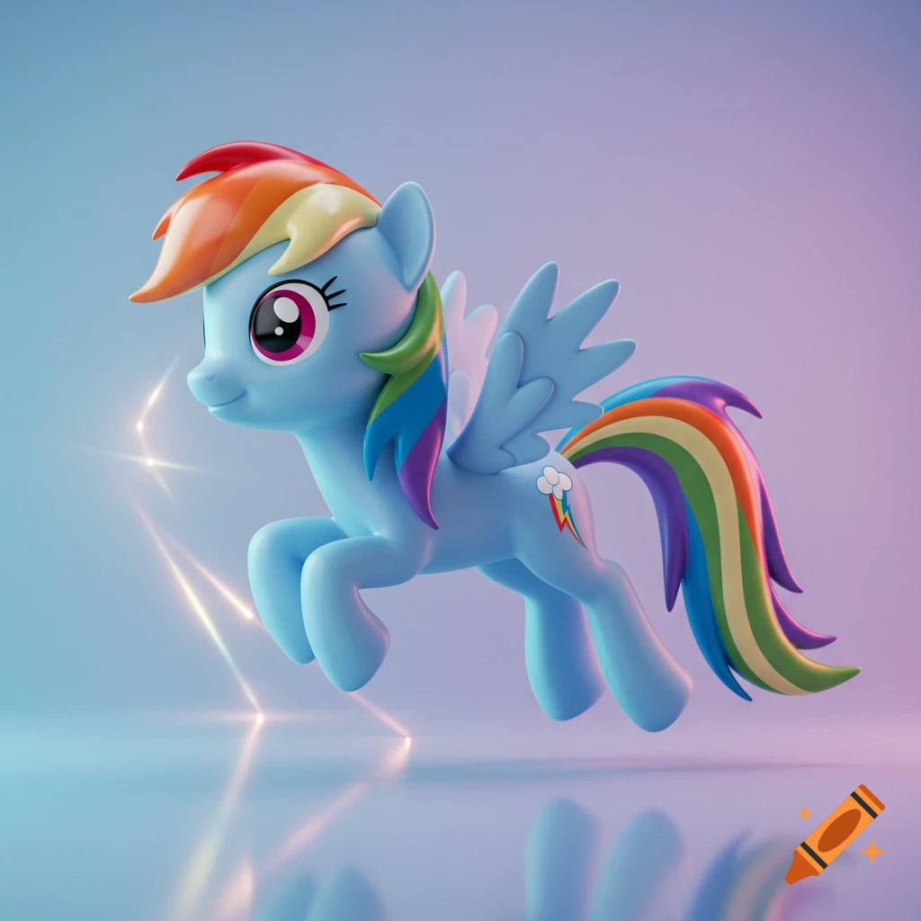 A brightly colored 3D render of a Rainbow Dash vinyl collectible with a rainbow mane and tail, against a soft gradient background.