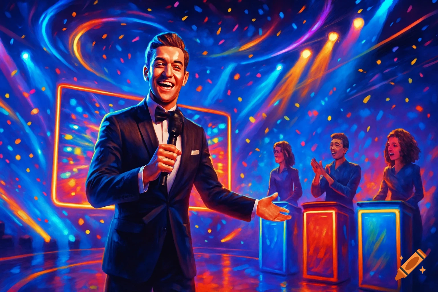 A smiling game show host in a tuxedo holds a microphone, gesturing towards contestants on a brightly lit stage with confetti falling in a vibrant digital art style.