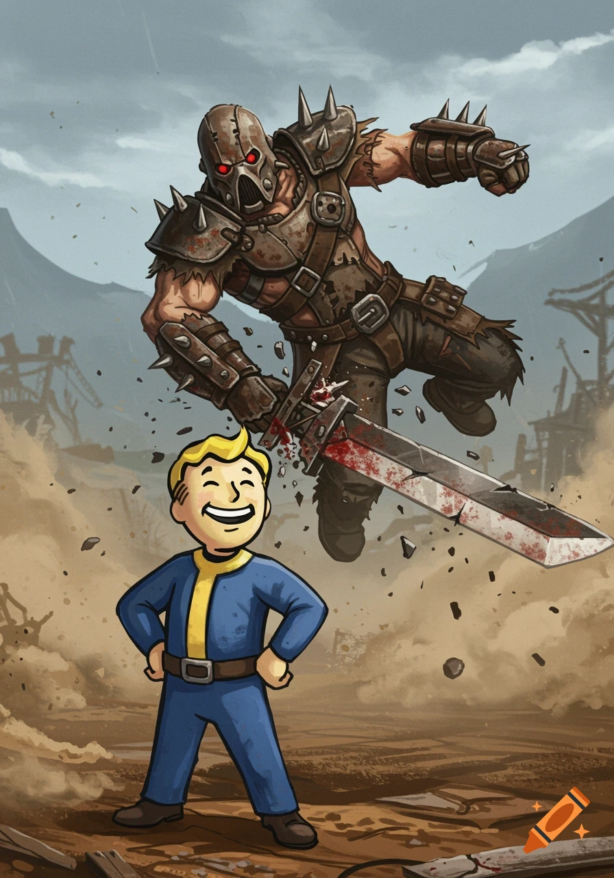 Cartoon illustration of Vault Boy smiling as a raider's bloody sword shatters against his chest in a post-apocalyptic wasteland.