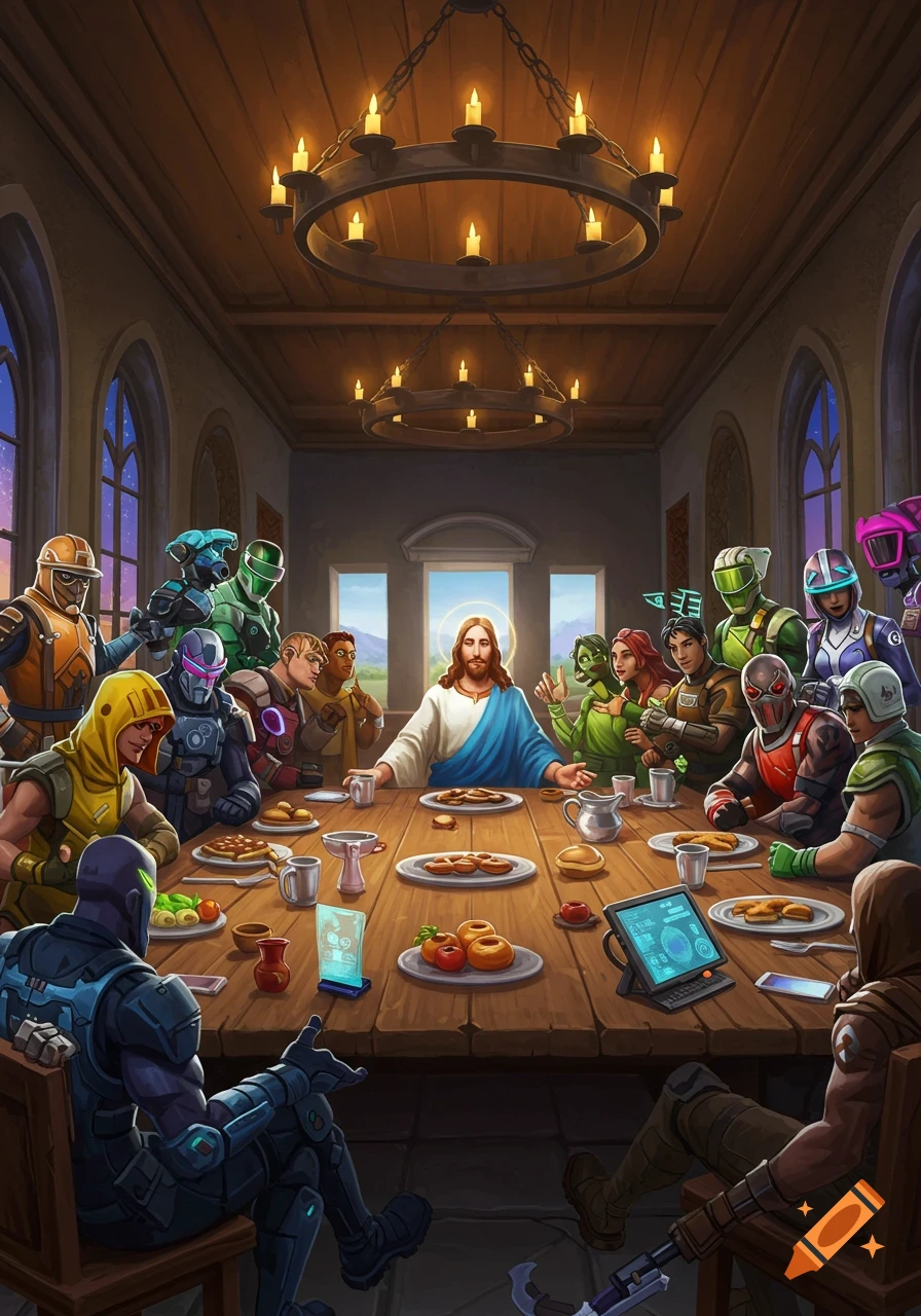 Jesus and Fortnite characters parody the Last Supper around a table with modern tech, in a vibrant, stylized art style.