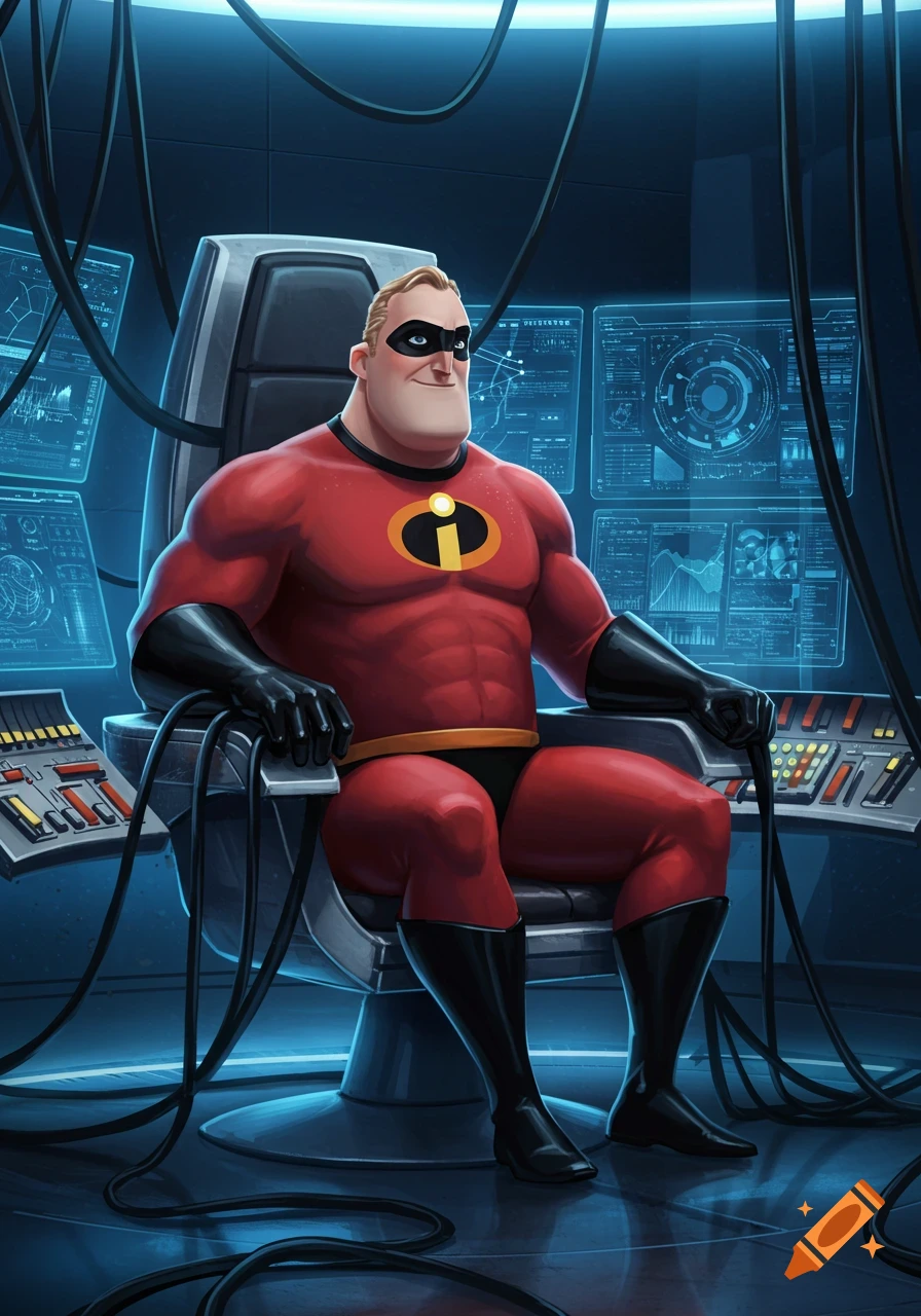 Mr. Incredible, a muscular man in a red superhero suit, sits in a high-tech control chair surrounded by glowing blue screens and wires, in a cartoon style.
