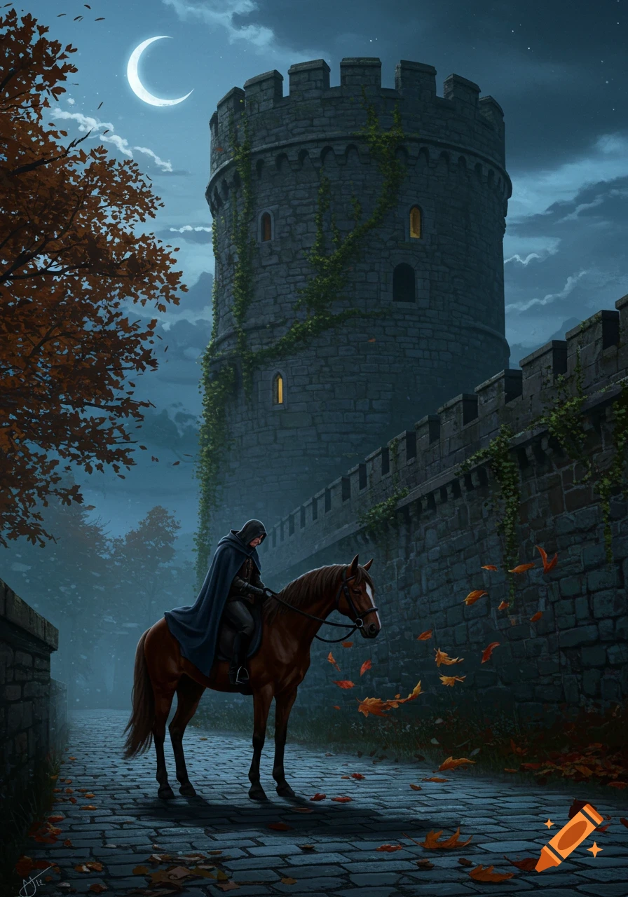 A hooded figure on a horse on a cobbled path beside a medieval castle tower under a crescent moon, with autumn leaves.