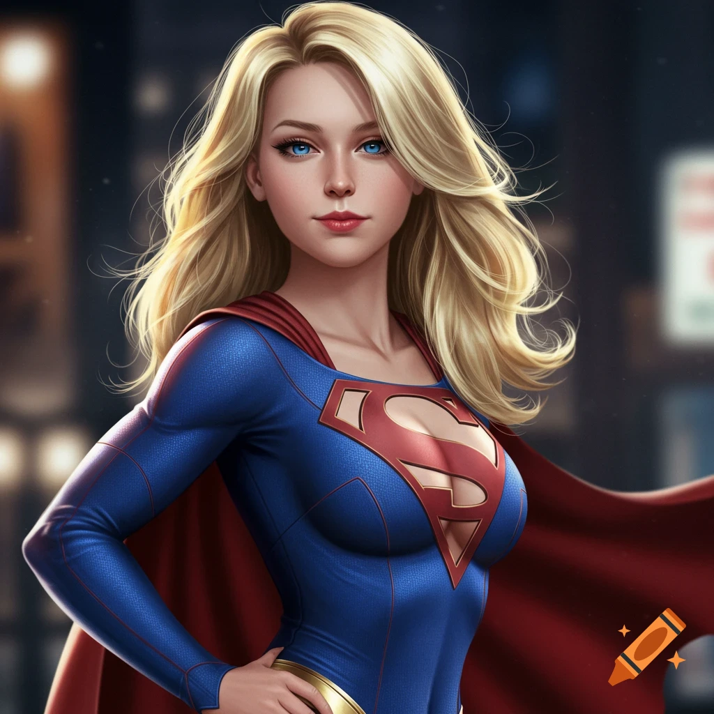 Digital art of a confident blond woman, resembling Supergirl, in a blue and red suit with an S emblem, standing in a city at night.