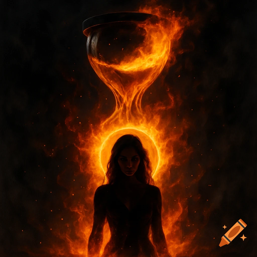 A dark silhouette of a woman with a fiery aura, standing below a giant hourglass consumed by flames, against a black background.