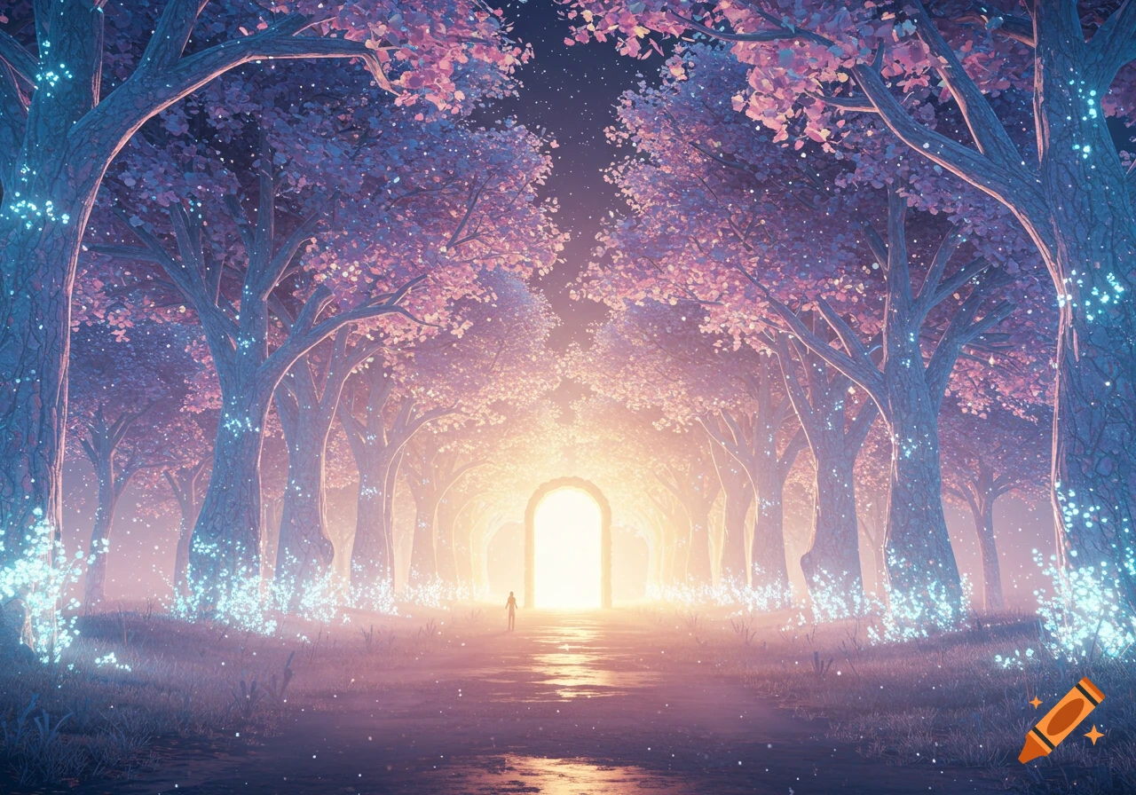 A lone figure walks down a glowing path through an ethereal, glowing pink and purple forest towards a bright archway.