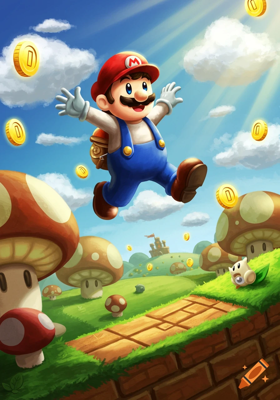 Mario jumps joyfully through a vibrant, cartoonish landscape with floating coins, large mushrooms, and a distant castle.