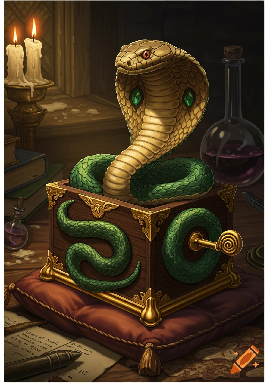 A golden cobra emerges from a magical wooden music box with a golden crank, on a cushion with candles and vials.
