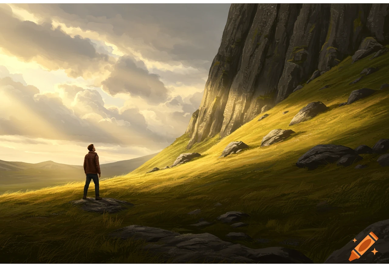 A man stands on a grassy hill, looking up at a massive, rocky mountain bathed in dramatic sunlight under a cloudy sky. Digital painting.
