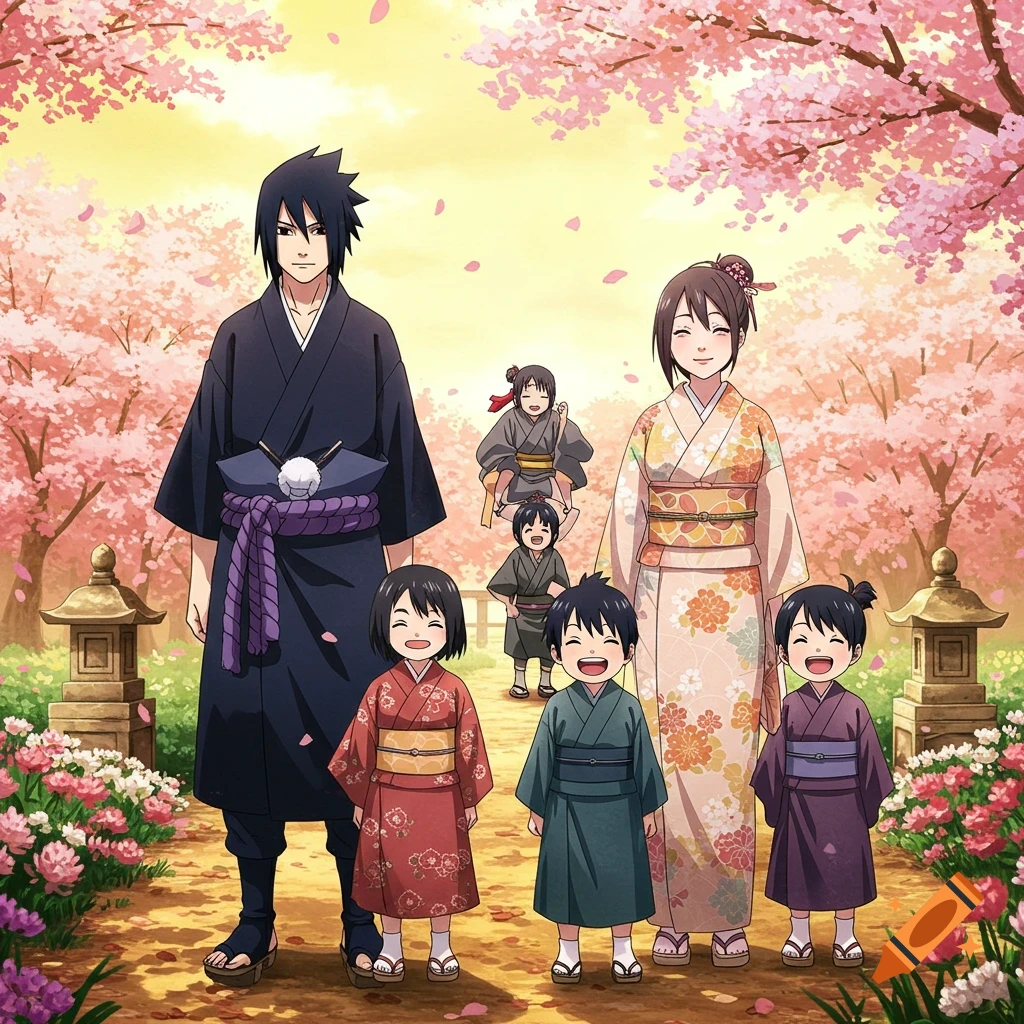 An anime family in kimonos, including parents and multiple children, smiling in a beautiful cherry blossom garden.