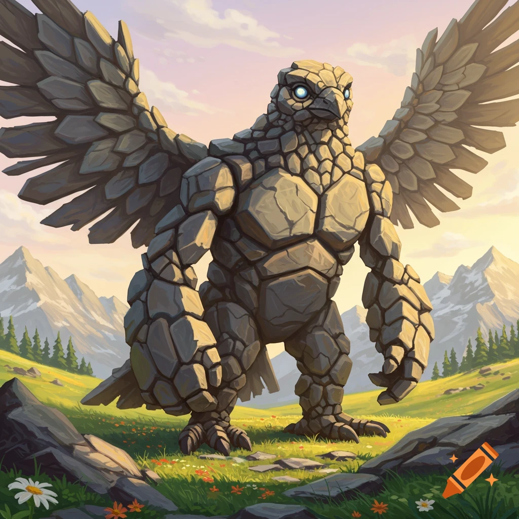 A large, friendly rock-bird creature with glowing eyes stands in a vibrant green field with mountains under a sunny sky.