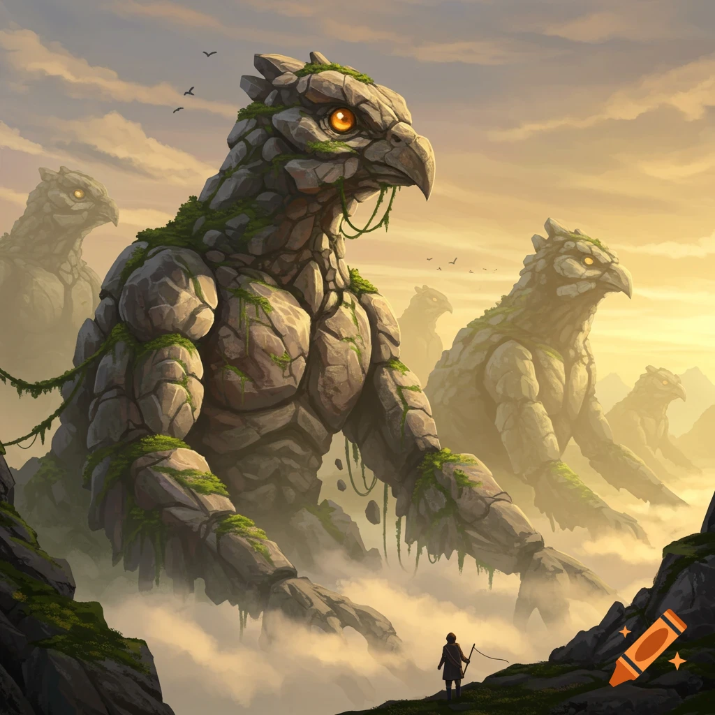A small person stands on a rocky hill, looking at giant, moss-covered, bird-like rock creatures emerging from a misty mountain landscape at sunset.