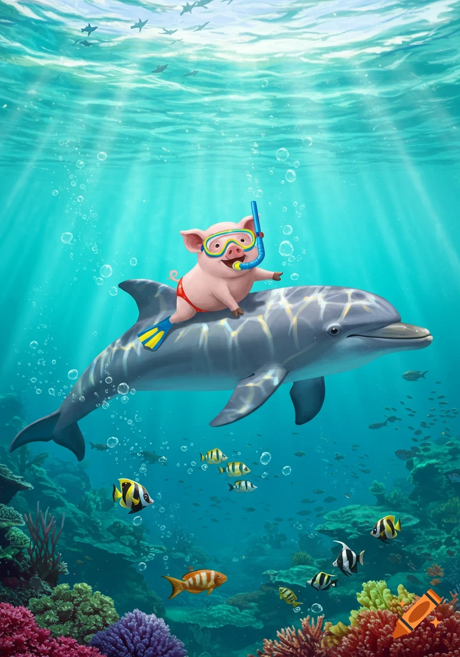 Happy cartoon pig wearing goggles and flippers rides on a dolphin through a vibrant coral reef.