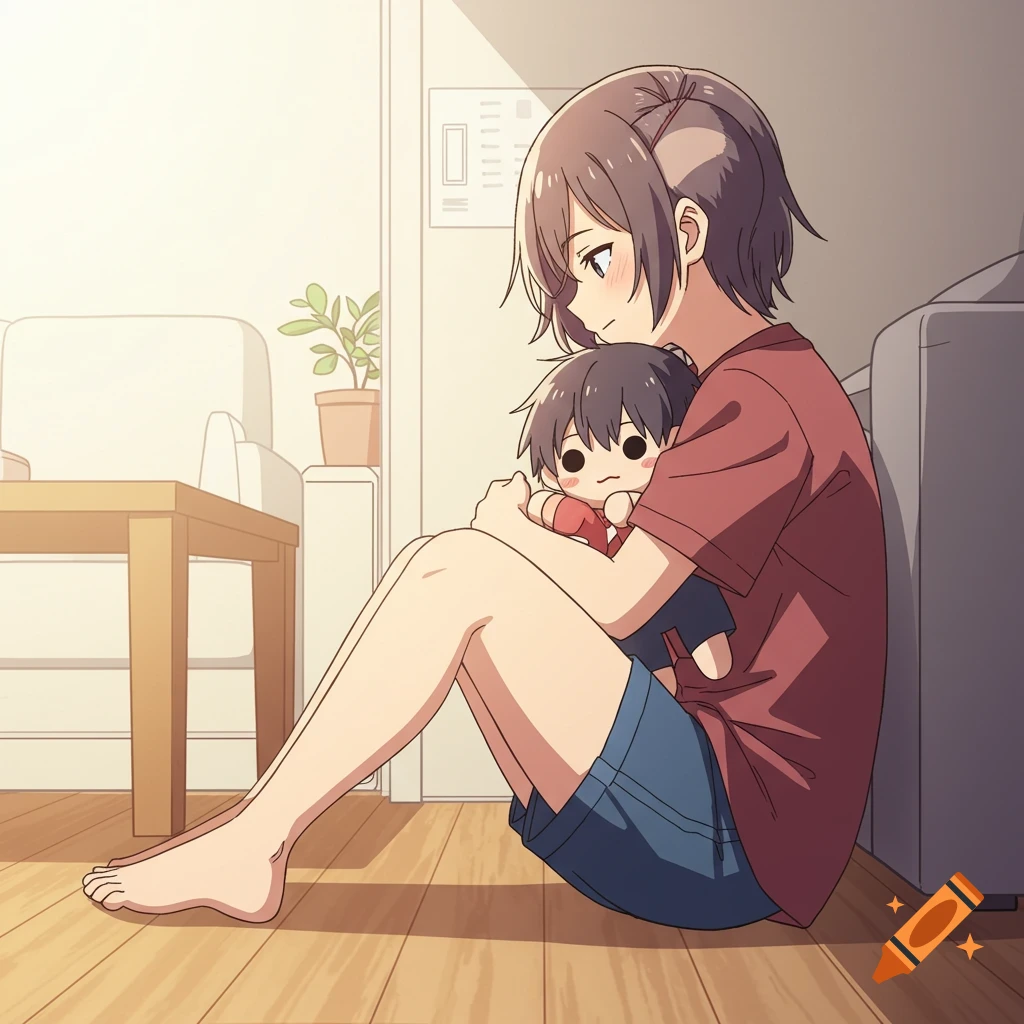 Anime girl with short brown hair sits on a wooden floor in an apartment, hugging a small boy plushie.