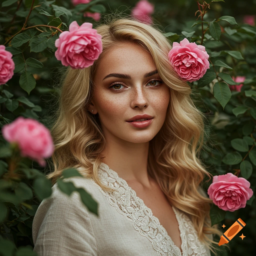 Photorealistic portrait of a blonde woman with freckles, looking at the viewer, surrounded by pink roses.