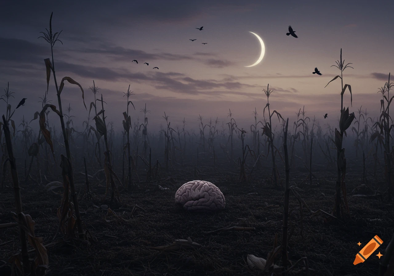 A human brain rests in a desolate, foggy cornfield at dusk, with crows flying under a crescent moon. Somber, macabre style.