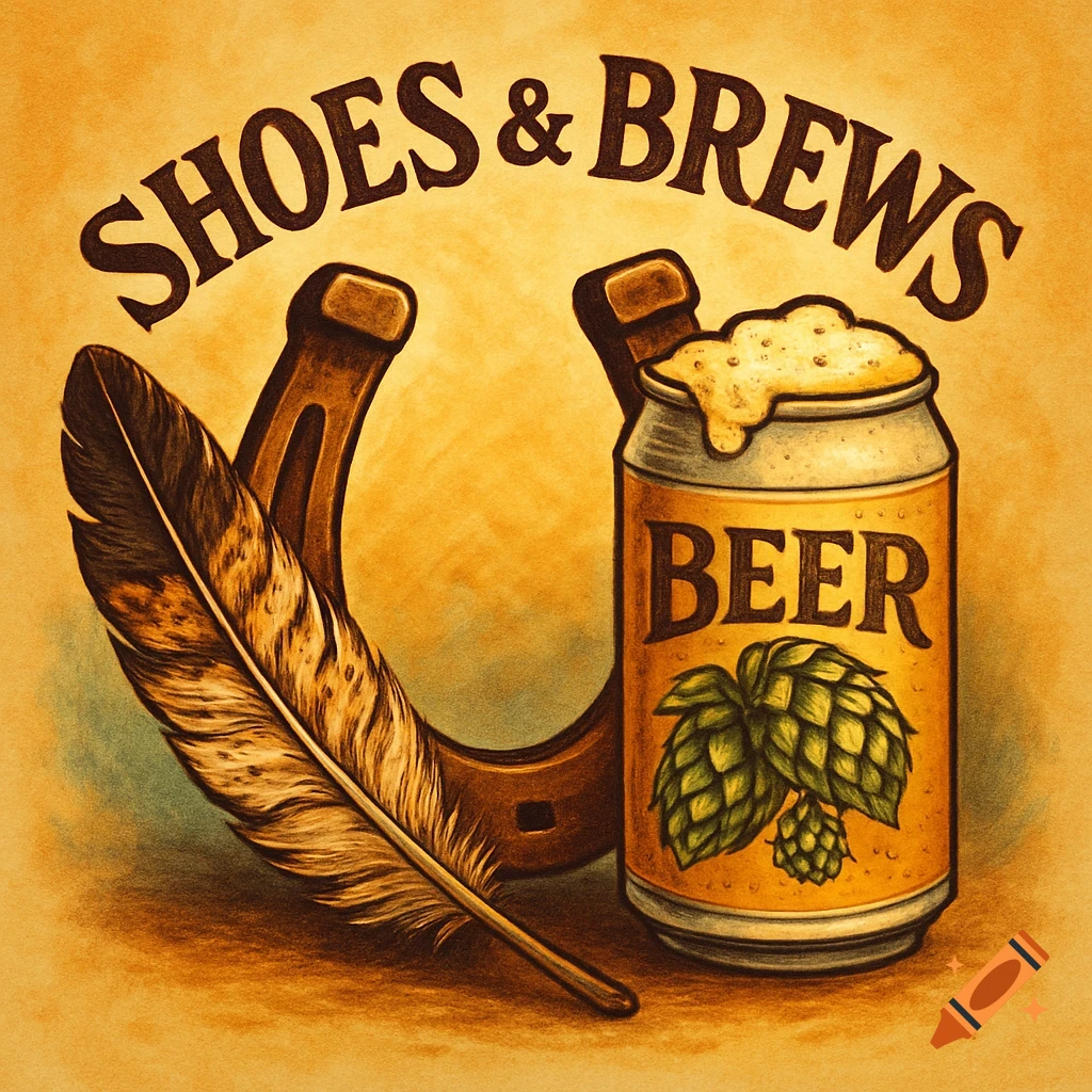 Vintage-style illustration of a horseshoe, a long feather, and a beer can with 'BEER' and hops, all beneath 'SHOES & BREWS' text.