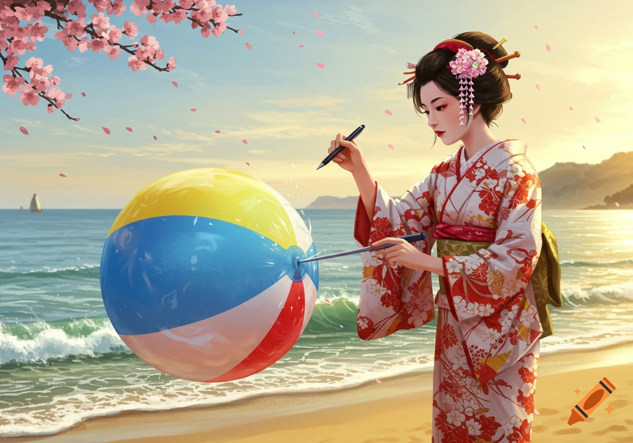 A Japanese woman in a kimono punctures a large beach ball on a sunny beach with cherry blossoms overhead, digital art.