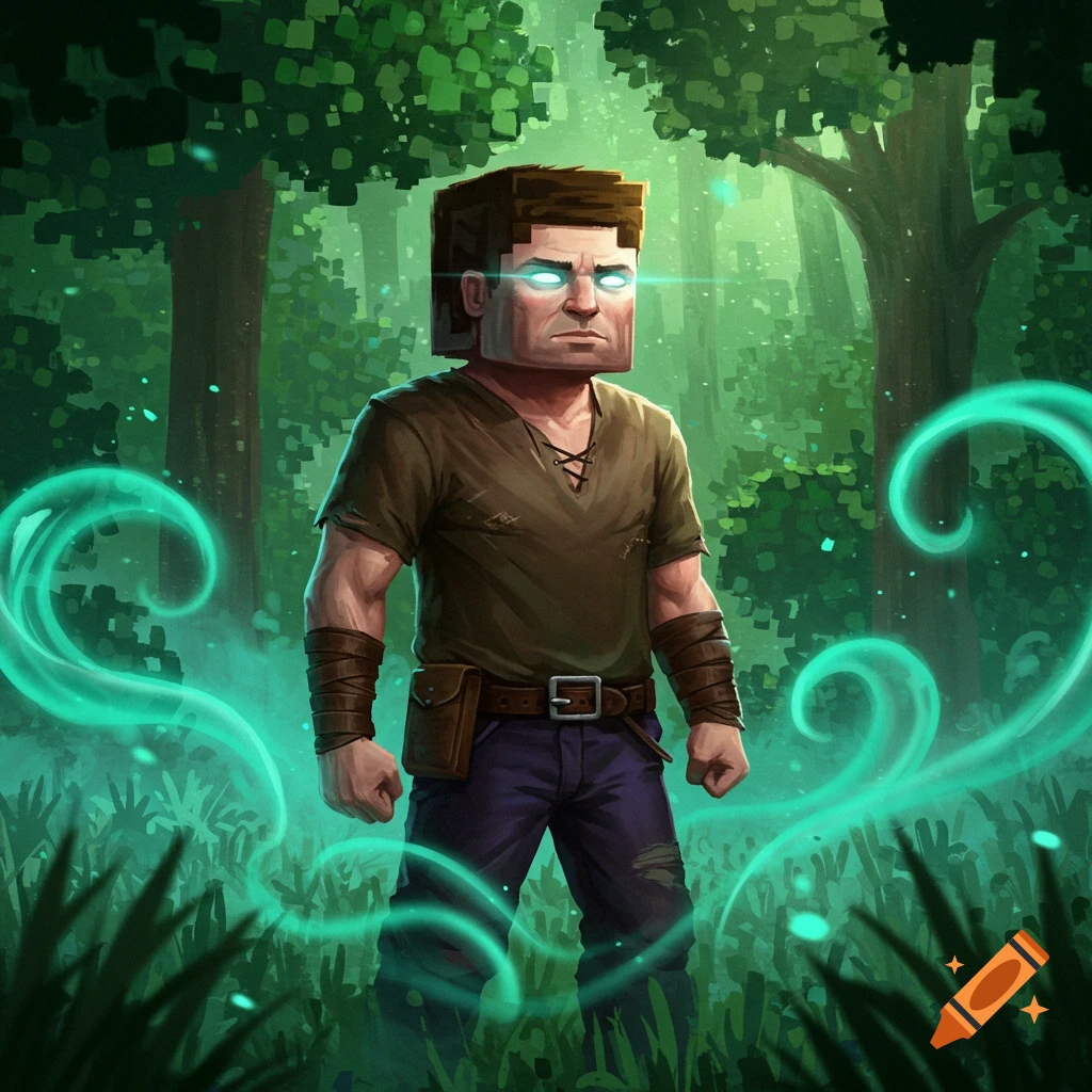 Stylized illustration of a realistic Minecraft Steve with glowing eyes and a supernatural aura standing in a forest.