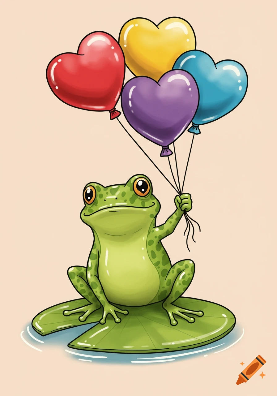 A charming cartoon frog sits on a lily pad, holding a bundle of colorful heart-shaped balloons.