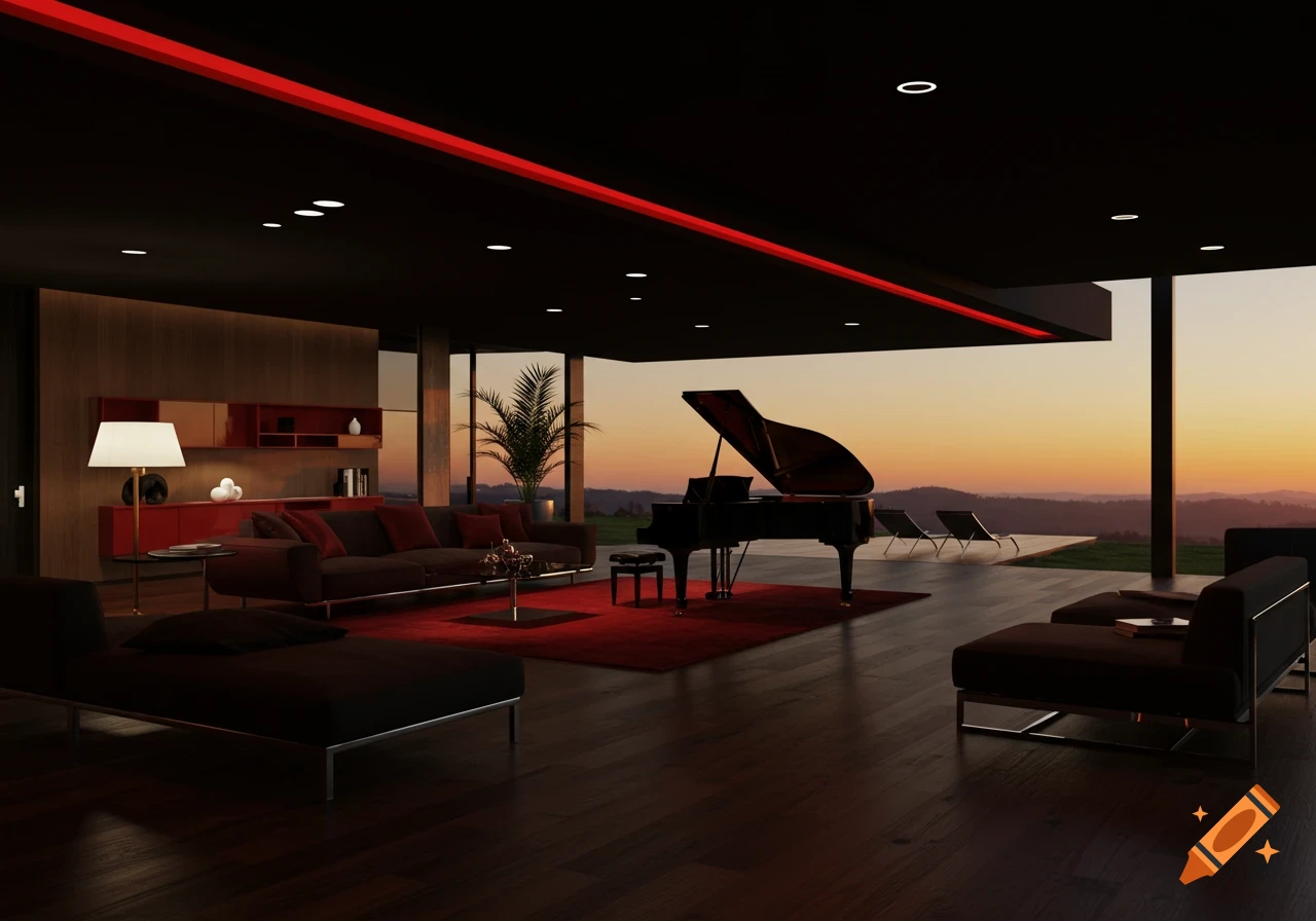 A luxurious, modern living room featuring a grand piano, dark sofas, a red rug, and a large window with a sunset view.