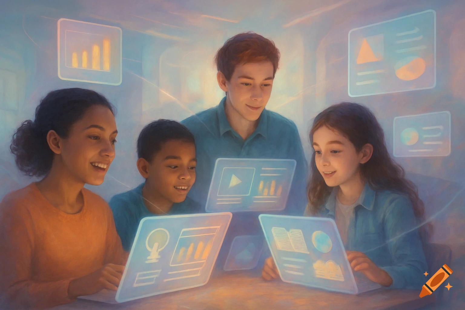 Young woman and three children smiling at glowing digital screens, depicting futuristic learning and technology in a soft, ethereal style.