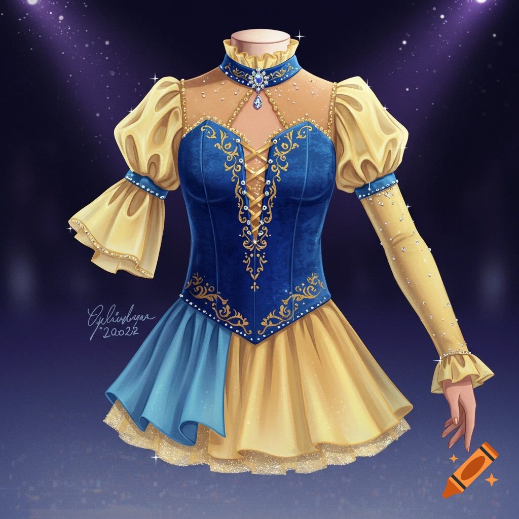An elegant blue and yellow figure skating dress with a ruffled high collar, gold embroidery, puffed sleeves, and a layered skirt, sparkling under stage lights.
